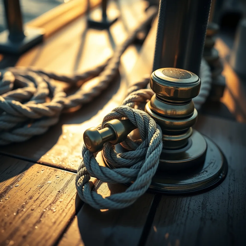 A bronze winch and coiled line on a weathered teak deck, lit by low afternoon sun
