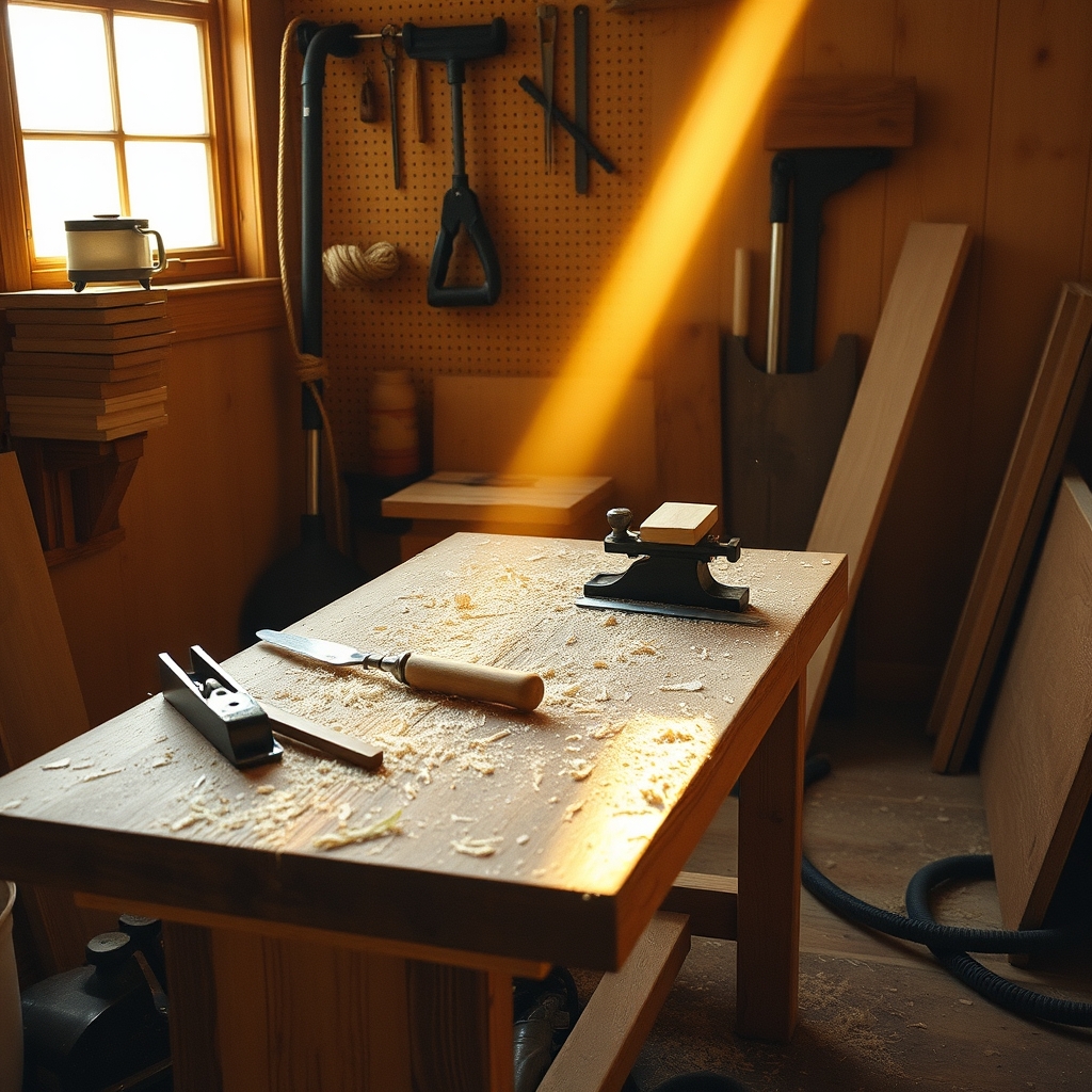 A well-used home woodworking workshop workbench covered in wood shavings, with hand tools hanging on a pegboard behind it